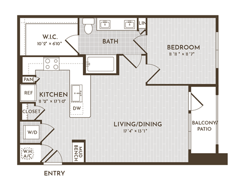 Floor plan for 1 bed, 1 bath, 755 sqft